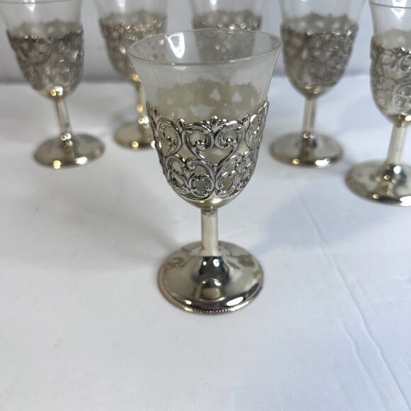 Cordial Liqueur Glasses Silver Filigree Holders Glass Inserts Set of 6 VTG MCM - Picture 2 of 7